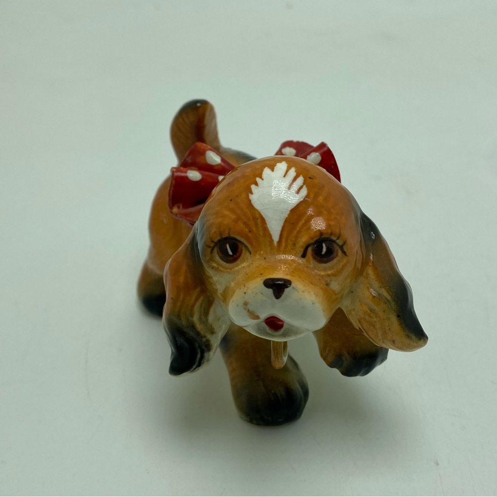 Vintage Wales Japan  Ceramic Cocker Spaniel Figurine with Red Polka Dot Bow